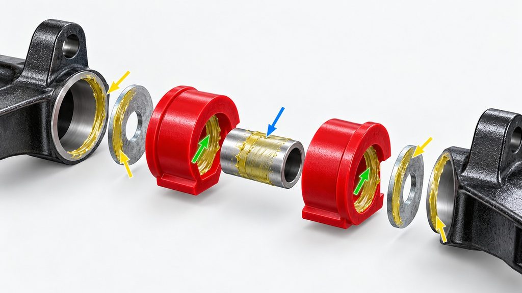 Exploded view showing where to apply grease on polyurethane bushings, sleeves and contact faces